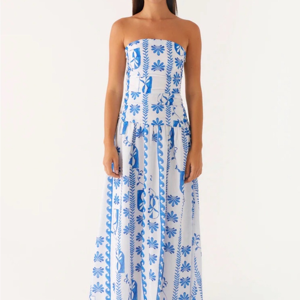 Peppermayo Carmel White Strapless Maxi Dress with Blue Floral Print